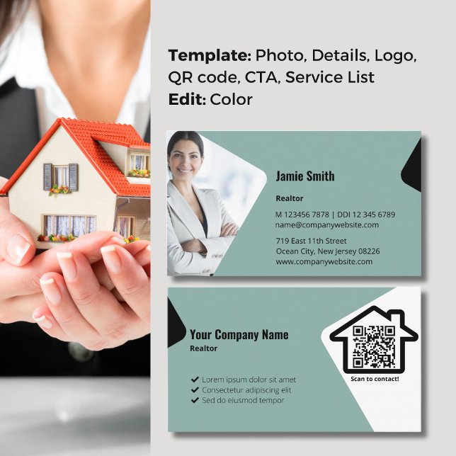 Tarjeta De Visita Foto profesional con nuestro editor azul (Professional Photo with our Blue Realtor Business Card)