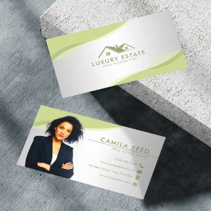 Tarjeta De Visita Foto profesional de agente inmobiliario verde y gr