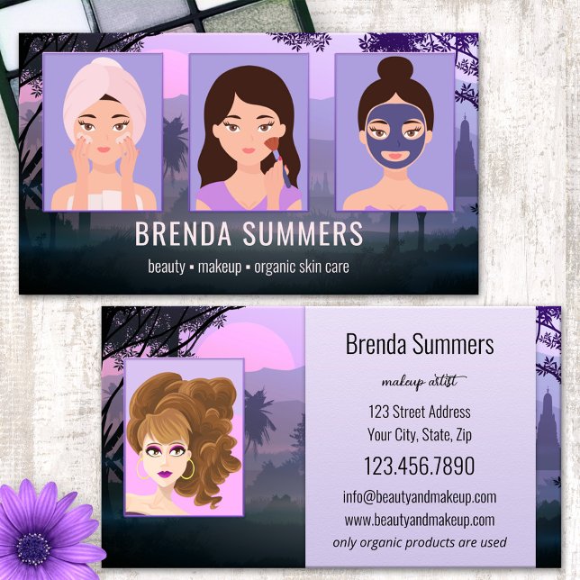 Tarjeta De Visita Foto Profesional de belleza orgánica de la piel (Business card featuring your photos framed by an illustration of nature - beauty - beautician)