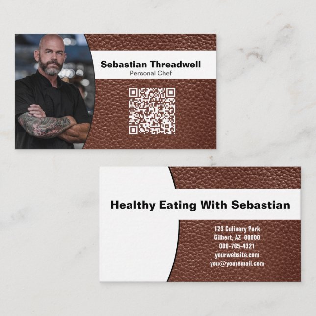 Tarjeta De Visita Foto Profesional de Chef Cuero Marrón Código QR (Anverso / Reverso)