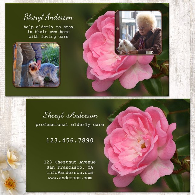 Tarjeta De Visita Foto profesional de cuidado de ancianos (Professional elderly or senior citizen care business card showing two photos on green - pink flower)