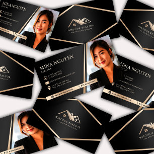 Tarjeta De Visita Foto profesional moderna de Realtor Negro y Beige