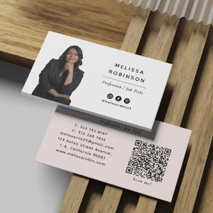 Tarjeta De Visita Foto Profesional Moderna y Código QR Rosa Rubor