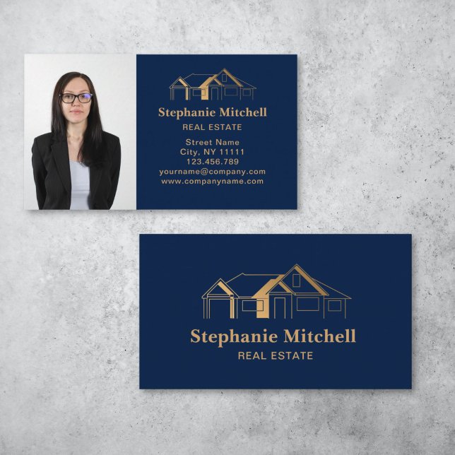Tarjeta De Visita Foto profesional Real Estate Realtor House Gold (simple gold house on navy background real estate business card design)