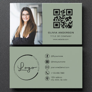 Tarjeta De Visita Foto profesional Sage Green QR Code Social Media