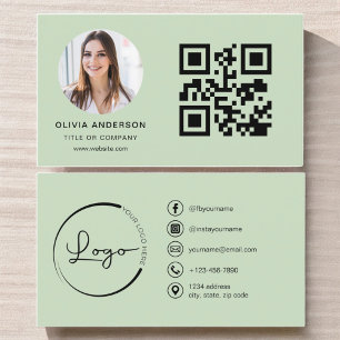 Tarjeta De Visita Foto profesional Sage Green QR Code Social Media