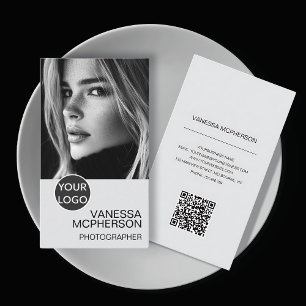 Tarjeta De Visita Foto QR con logotipo en blanco y negro