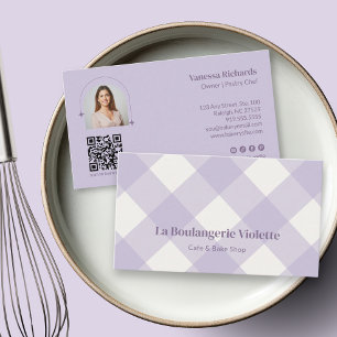Tarjeta De Visita Foto QR de panadería púrpura a cuadros chic