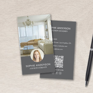 Tarjeta De Visita Foto QR Diseñador de interiores gris de medios soc
