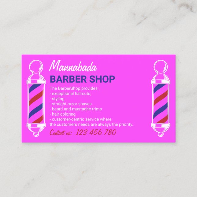 Tarjeta De Visita Foto rosa del personalizado del polo de barbero (Anverso)