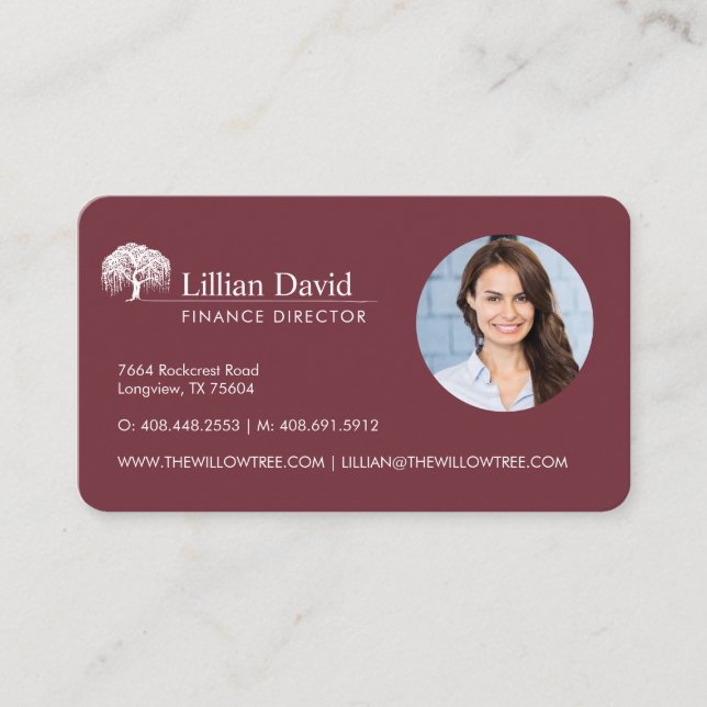 Tarjeta De Visita Foto Rustic Burgundy & White Willow Tree Logo (Anverso)