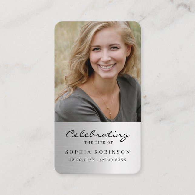 Tarjeta De Visita Foto Simple Funeral Prayer Faux Silver Card (Anverso)