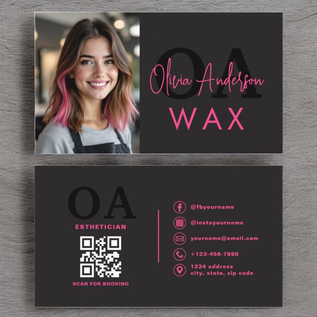 Tarjeta De Visita Foto Wax Estetician QR Code Hot Pink Black (Subido por el creador)