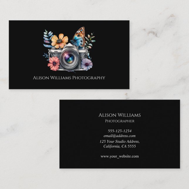 Tarjeta De Visita Fotofotógrafo Floral Cámara acuarela (Anverso / Reverso)