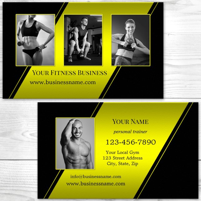Tarjeta De Visita Fotografía: Black Neon Yellow Personal Trainer Fit (Custom photos neon yellow and black professional fitness personal trainer business card)