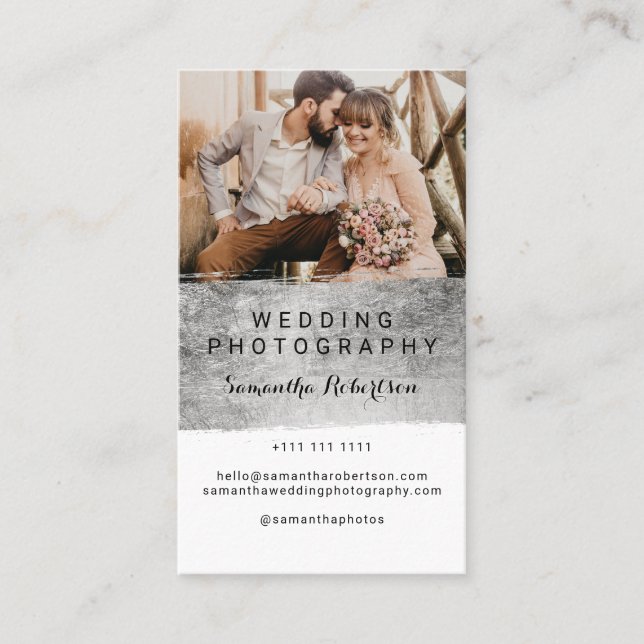 Tarjeta De Visita Fotografía boda moderna estilo brusco plateado (Anverso)