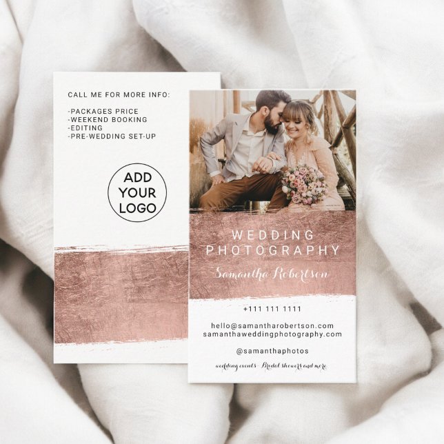 Tarjeta De Visita Fotografía boda moderna rosa de brusco dorado (Modern wedding photography rose gold brushstroke business card)