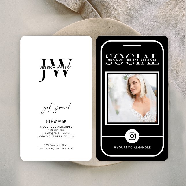 Tarjeta De Visita Fotografía de Instagram con el logotipo negro Mini (Minimalist let's get social business cards with photo and space for your brand name or logo)