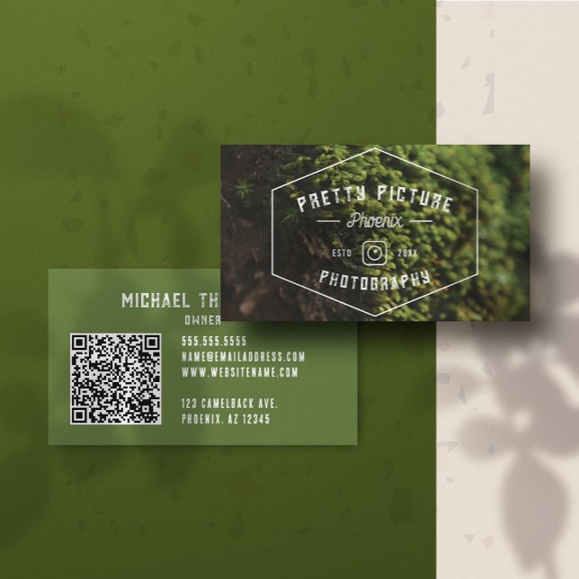 Tarjeta De Visita Fotografía de vegetación geométrica masculina rúst (Rustic Masculine Geometric Greenery Photography Business Card)