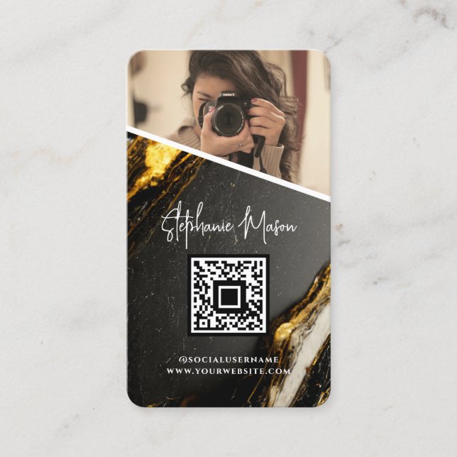 Tarjeta De Visita Fotografía moderna de código QR en mármol negro do (Anverso)