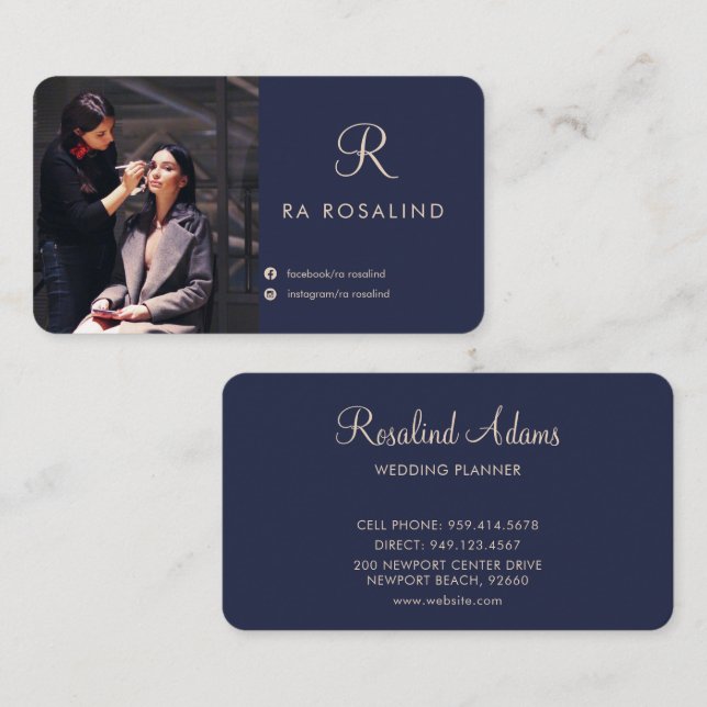 Tarjeta De Visita Fotografía Monogramada Azul de la Marina Profesion (Anverso / Reverso)