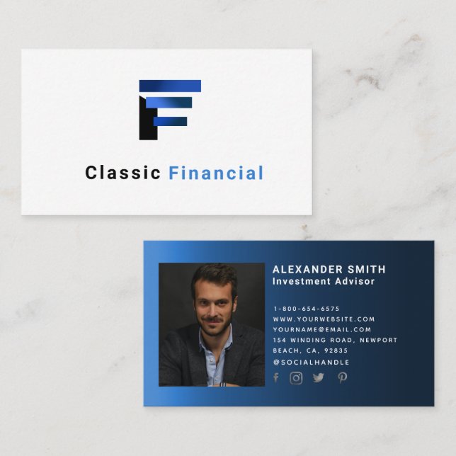 Tarjeta De Visita Fotografía profesional financiera azul moderna y s (Anverso / Reverso)