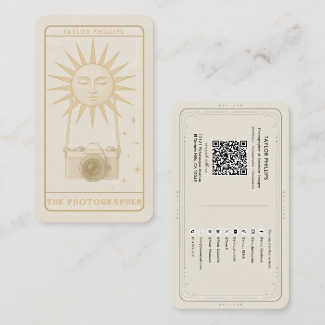 Tarjeta De Visita Fotografía Sol Tarot Fotógrafo Redes Sociales QR (Anverso / Reverso)