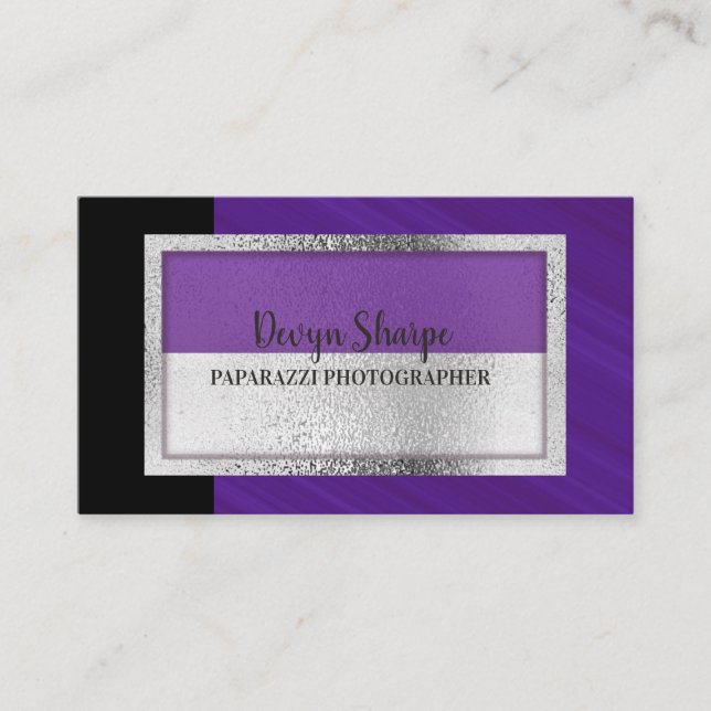 Tarjeta De Visita Fotografía violeta de Paparazzi en negro y plata (Anverso)