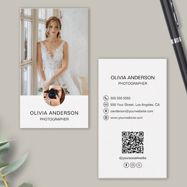 Tarjeta De Visita Fotógrafo 2 Fotos Iconos Personalizados Código QR  (Photographer 2 Photos Custom Icons QR Code White Business Card)
