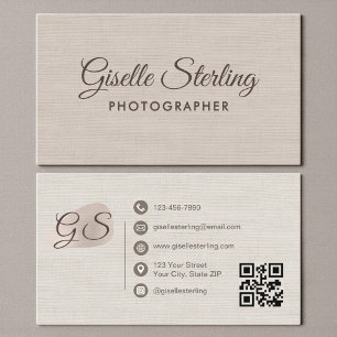 Tarjeta De Visita Fotógrafo Beige Lino Moderno Elegante Código QR