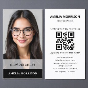 Tarjeta De Visita Fotógrafo blanco negro QR Código foto moderna