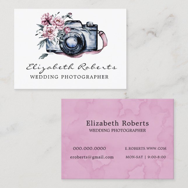 Tarjeta De Visita Fotógrafo Boda de cámara floral rosa de moda (Anverso / Reverso)