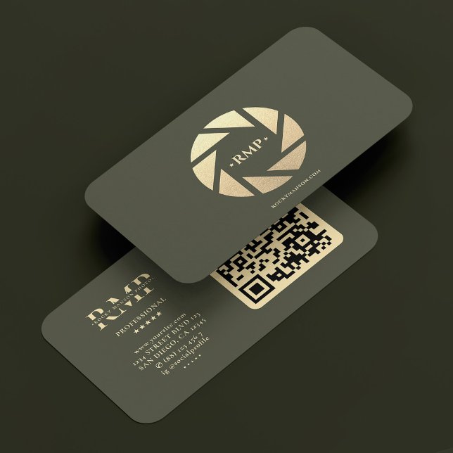 Tarjeta De Visita Fotógrafo Cámara de oro Lente Ejército Verde Moder (Photographer Gold Camera Lens Army Green Modern Business Card
)