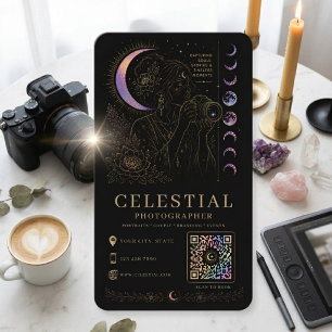 Tarjeta De Visita Fotógrafo Celestial Lujo Negro Oro QR