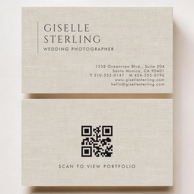 Tarjeta De Visita Fotógrafo de bodas código QR lino neutro de lujo (Subido por el creador)