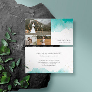 Tarjeta De Visita Fotógrafo de Colaje de Fotos con Acuarela Turquesa