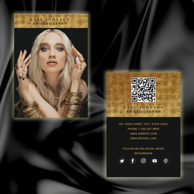 Tarjeta De Visita Fotógrafo de oro negro QR Code Medios sociales (Subido por el creador)