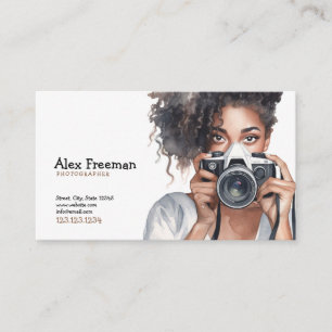 Tarjeta De Visita Fotógrafo de Watercolor Black and Brown Curly Lady