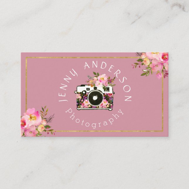Tarjeta De Visita Fotógrafo floral de la cámara del oro rosado (Anverso)