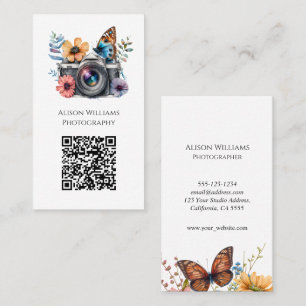 Tarjeta De Visita Fotógrafo Floral Mariposa Cámara Acuarela QR