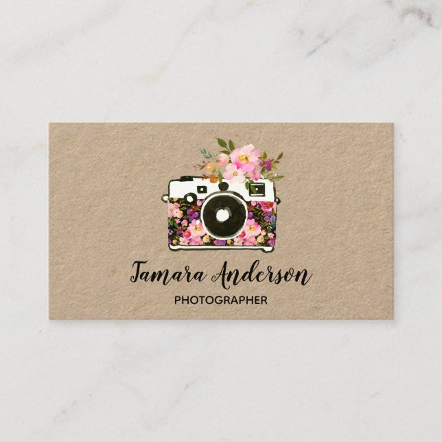 Tarjeta De Visita Fotógrafo floral rosado profesional Kraft de la (Anverso)