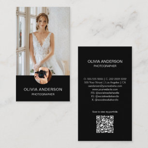 Tarjeta De Visita Fotógrafo moderno 2 fotos Código QR simple negro