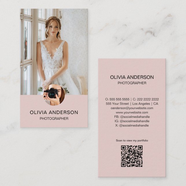 Tarjeta De Visita Fotógrafo moderno 2 Fotos Código QR Simple Rosa (Anverso / Reverso)