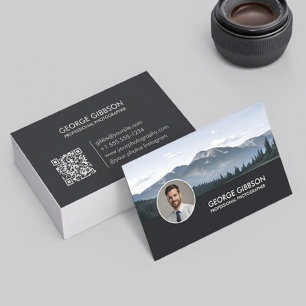 Tarjeta De Visita Fotógrafo moderno con código QR mínimo, negro bril