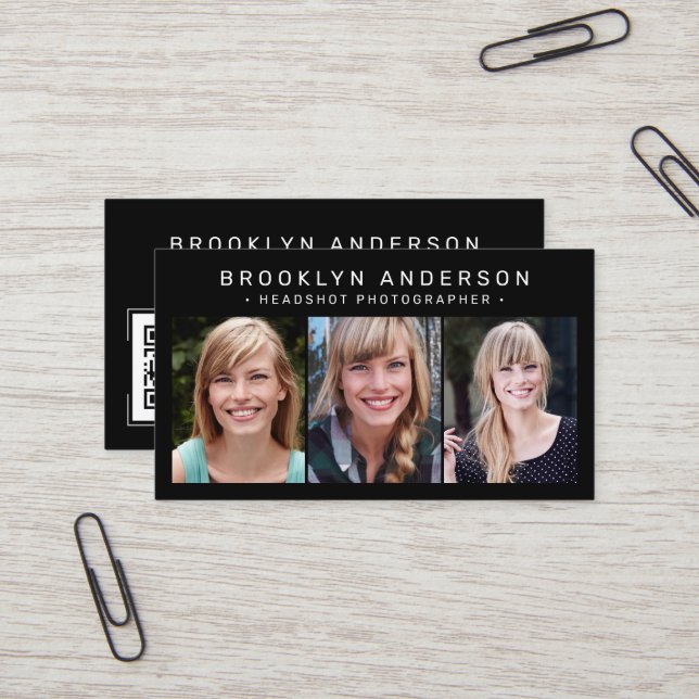 Tarjeta De Visita Fotógrafo moderno de 3 fotografías negro (Anverso/Reverso In Situ)
