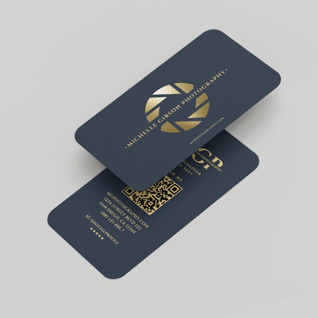 Tarjeta De Visita Fotógrafo Monograma Blue Gold Lens Moderno (Modern Monogram Photographer Blue Gold Lens Business Card
)