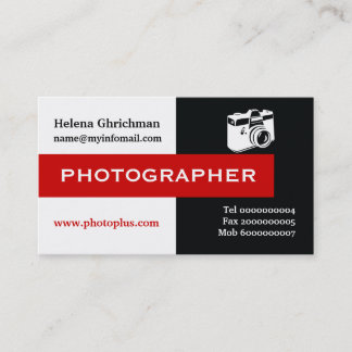 Tarjeta De Visita Fotógrafo negro, blanco, rojo llamativo