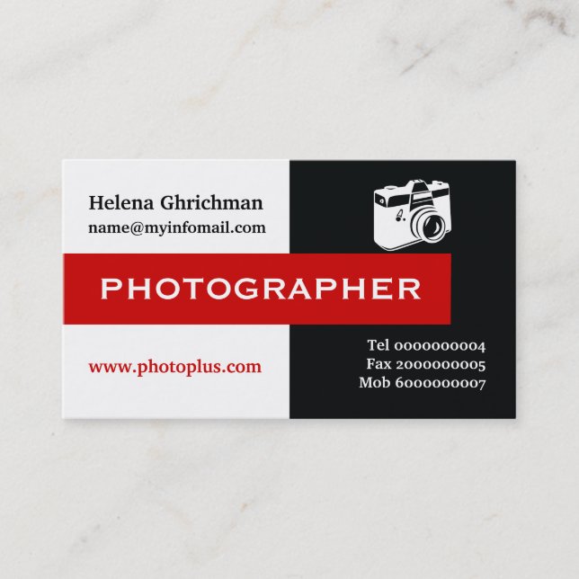 Tarjeta De Visita Fotógrafo negro, blanco, rojo llamativo (Anverso)