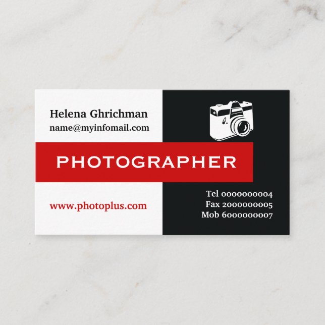 Tarjeta De Visita Fotógrafo negro, blanco, rojo llamativo (Anverso)