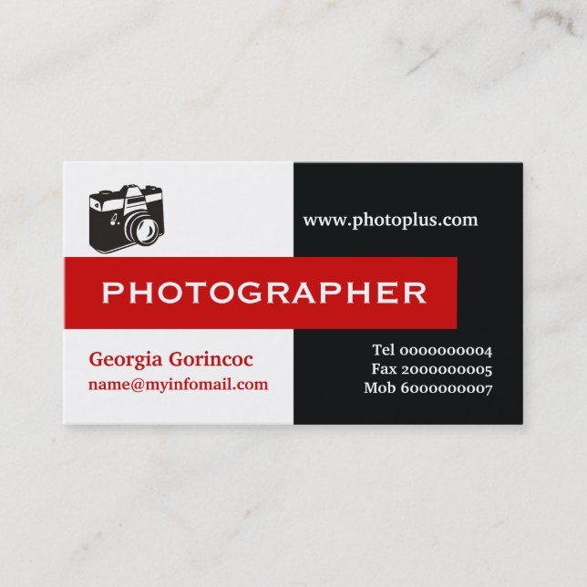 Tarjeta De Visita Fotógrafo negro, blanco, rojo llamativo (Anverso)